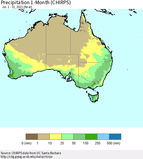 Australia Precipitation 1-Month (CHIRPS) Thematic Map For 7/1/2021 - 7/31/2021