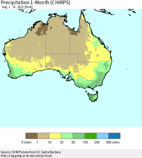 Australia Precipitation 1-Month (CHIRPS) Thematic Map For 8/1/2021 - 8/31/2021