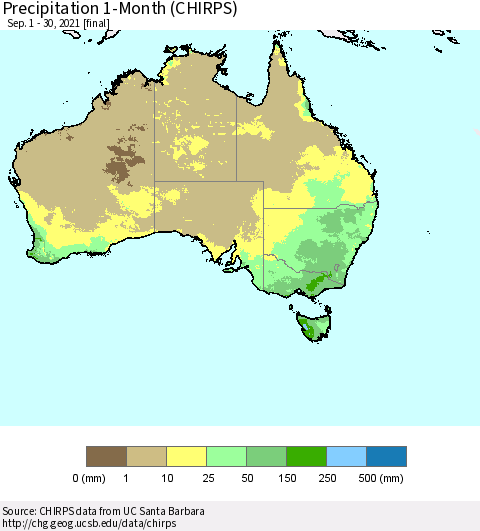 Australia Precipitation 1-Month (CHIRPS) Thematic Map For 9/1/2021 - 9/30/2021