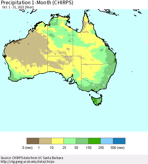 Australia Precipitation 1-Month (CHIRPS) Thematic Map For 10/1/2021 - 10/31/2021