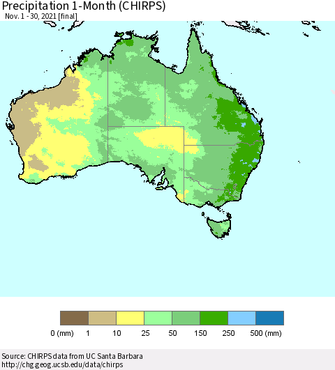 Australia Precipitation 1-Month (CHIRPS) Thematic Map For 11/1/2021 - 11/30/2021