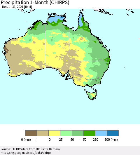 Australia Precipitation 1-Month (CHIRPS) Thematic Map For 12/1/2021 - 12/31/2021
