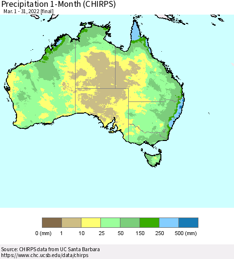 Australia Precipitation 1-Month (CHIRPS) Thematic Map For 3/1/2022 - 3/31/2022