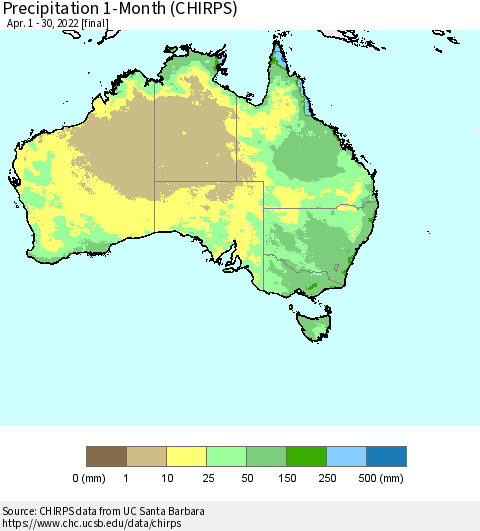 Australia Precipitation 1-Month (CHIRPS) Thematic Map For 4/1/2022 - 4/30/2022