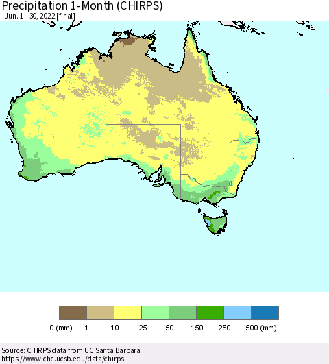 Australia Precipitation 1-Month (CHIRPS) Thematic Map For 6/1/2022 - 6/30/2022