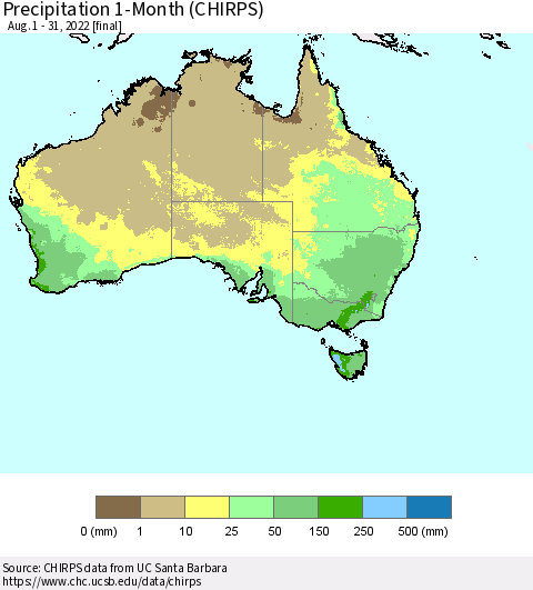 Australia Precipitation 1-Month (CHIRPS) Thematic Map For 8/1/2022 - 8/31/2022