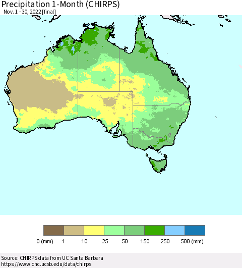 Australia Precipitation 1-Month (CHIRPS) Thematic Map For 11/1/2022 - 11/30/2022
