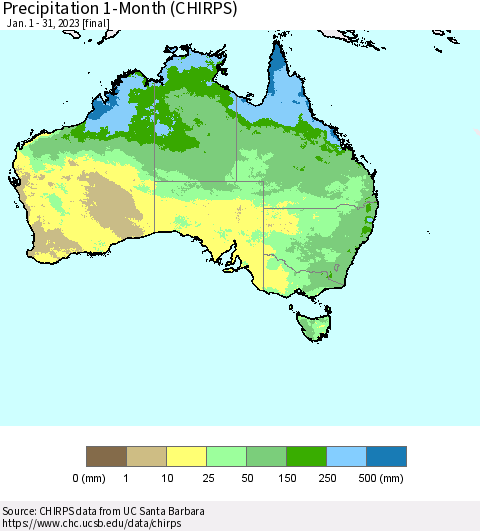 Australia Precipitation 1-Month (CHIRPS) Thematic Map For 1/1/2023 - 1/31/2023