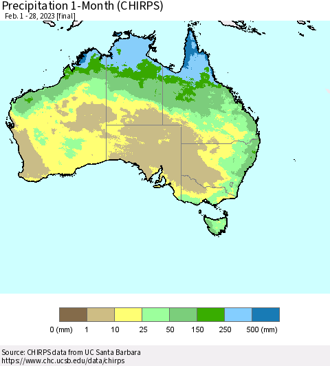 Australia Precipitation 1-Month (CHIRPS) Thematic Map For 2/1/2023 - 2/28/2023