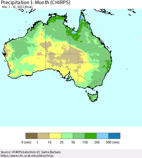 Australia Precipitation 1-Month (CHIRPS) Thematic Map For 3/1/2023 - 3/31/2023
