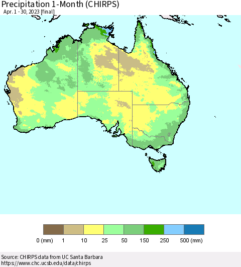 Australia Precipitation 1-Month (CHIRPS) Thematic Map For 4/1/2023 - 4/30/2023