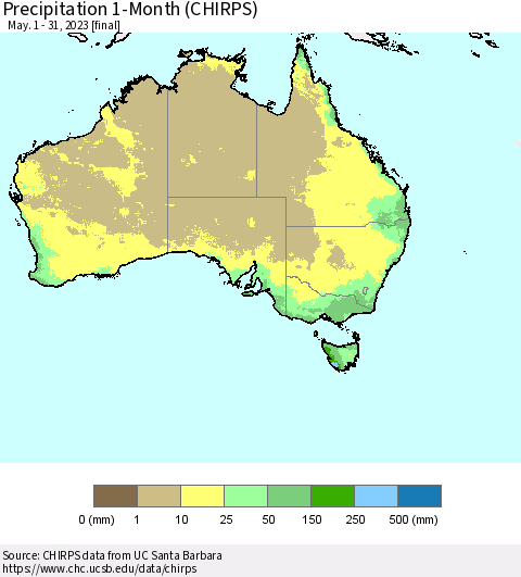 Australia Precipitation 1-Month (CHIRPS) Thematic Map For 5/1/2023 - 5/31/2023