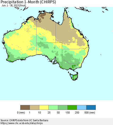 Australia Precipitation 1-Month (CHIRPS) Thematic Map For 6/1/2023 - 6/30/2023