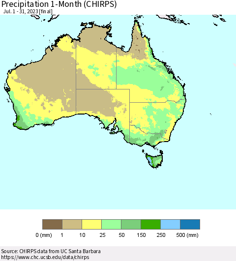 Australia Precipitation 1-Month (CHIRPS) Thematic Map For 7/1/2023 - 7/31/2023