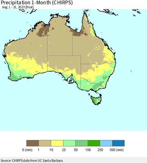 Australia Precipitation 1-Month (CHIRPS) Thematic Map For 8/1/2023 - 8/31/2023