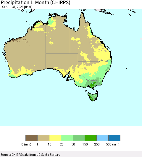 Australia Precipitation 1-Month (CHIRPS) Thematic Map For 10/1/2023 - 10/31/2023