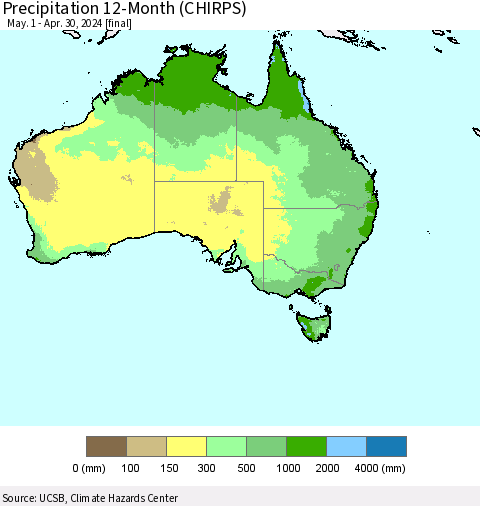 Australia Precipitation 12-Month (CHIRPS) Thematic Map For 5/1/2023 - 4/30/2024