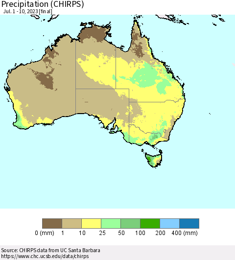 Australia Precipitation (CHIRPS) Thematic Map For 7/1/2023 - 7/10/2023