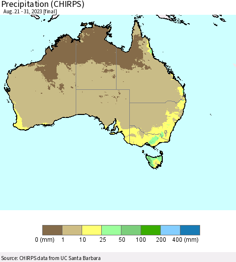 Australia Precipitation (CHIRPS) Thematic Map For 8/21/2023 - 8/31/2023