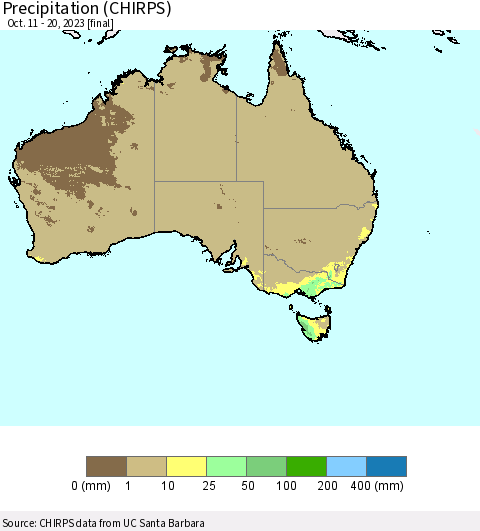 Australia Precipitation (CHIRPS) Thematic Map For 10/11/2023 - 10/20/2023