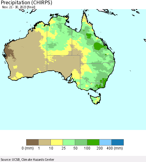 Australia Precipitation (CHIRPS) Thematic Map For 11/21/2023 - 11/30/2023