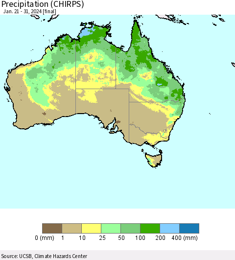 Australia Precipitation (CHIRPS) Thematic Map For 1/21/2024 - 1/31/2024