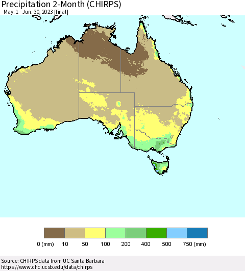 Australia Precipitation 2-Month (CHIRPS) Thematic Map For 5/1/2023 - 6/30/2023