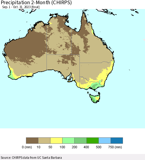 Australia Precipitation 2-Month (CHIRPS) Thematic Map For 9/1/2023 - 10/31/2023