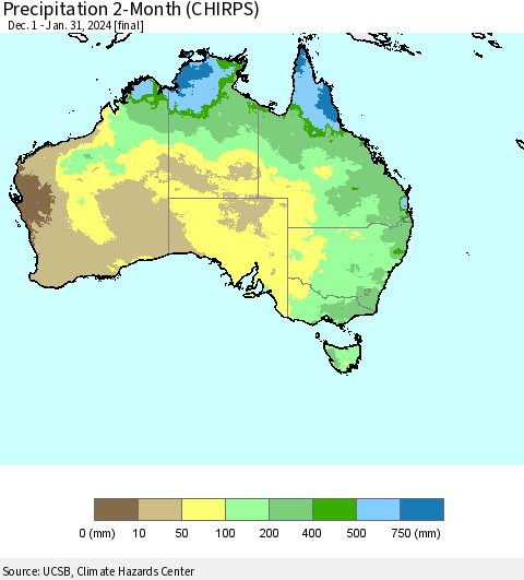 Australia Precipitation 2-Month (CHIRPS) Thematic Map For 12/1/2023 - 1/31/2024