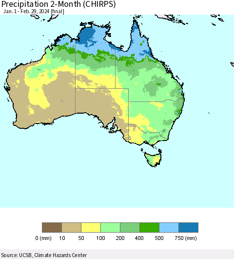 Australia Precipitation 2-Month (CHIRPS) Thematic Map For 1/1/2024 - 2/29/2024