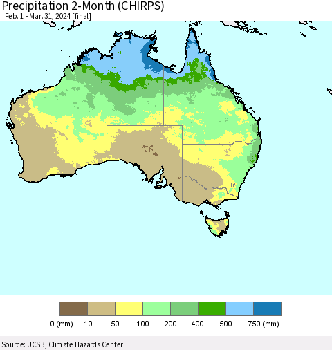 Australia Precipitation 2-Month (CHIRPS) Thematic Map For 2/1/2024 - 3/31/2024