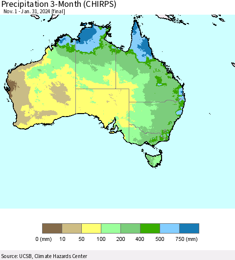 Australia Precipitation 3-Month (CHIRPS) Thematic Map For 11/1/2023 - 1/31/2024