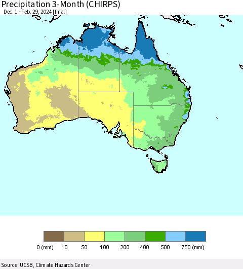 Australia Precipitation 3-Month (CHIRPS) Thematic Map For 12/1/2023 - 2/29/2024