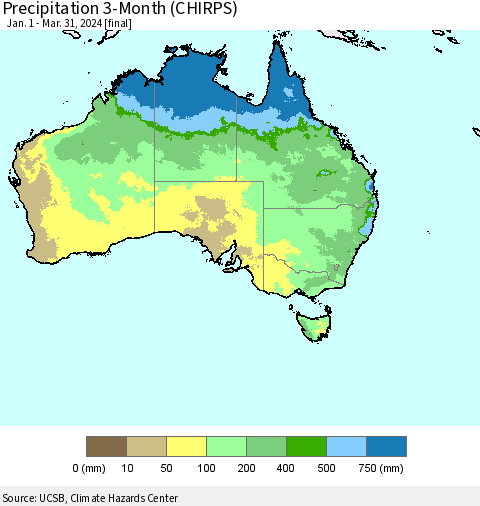 Australia Precipitation 3-Month (CHIRPS) Thematic Map For 1/1/2024 - 3/31/2024