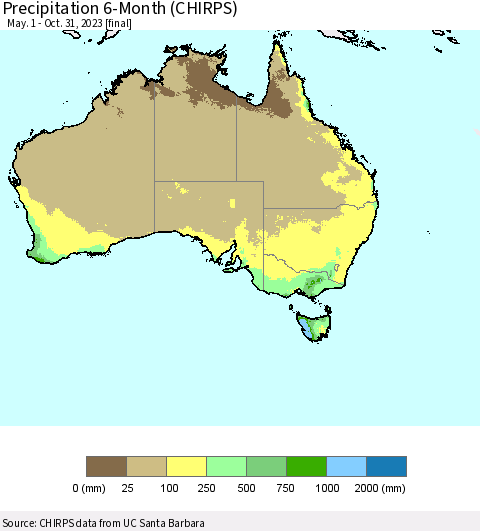 Australia Precipitation 6-Month (CHIRPS) Thematic Map For 5/1/2023 - 10/31/2023
