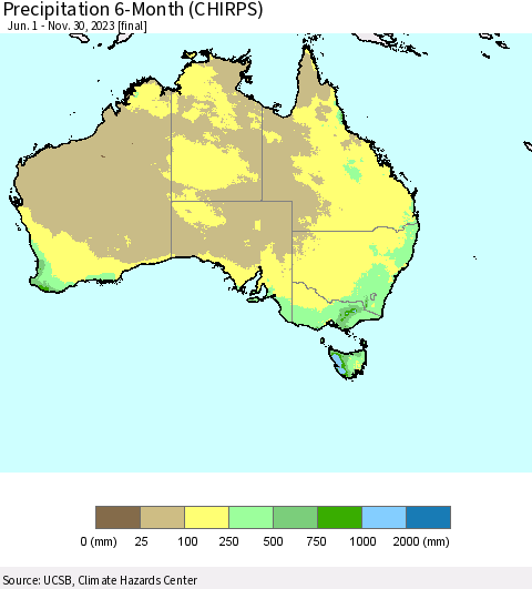 Australia Precipitation 6-Month (CHIRPS) Thematic Map For 6/1/2023 - 11/30/2023