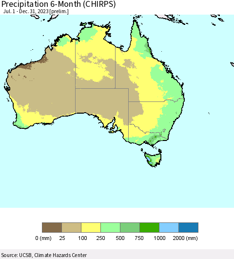 Australia Precipitation 6-Month (CHIRPS) Thematic Map For 7/1/2023 - 12/31/2023