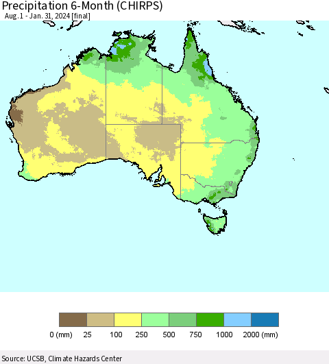Australia Precipitation 6-Month (CHIRPS) Thematic Map For 8/1/2023 - 1/31/2024