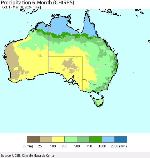 Australia Precipitation 6-Month (CHIRPS) Thematic Map For 10/1/2023 - 3/31/2024