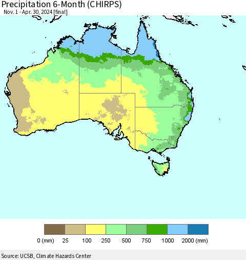 Australia Precipitation 6-Month (CHIRPS) Thematic Map For 11/1/2023 - 4/30/2024