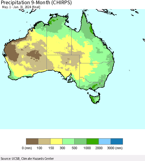 Australia Precipitation 9-Month (CHIRPS) Thematic Map For 5/1/2023 - 1/31/2024