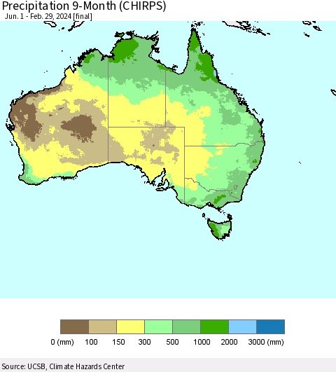 Australia Precipitation 9-Month (CHIRPS) Thematic Map For 6/1/2023 - 2/29/2024