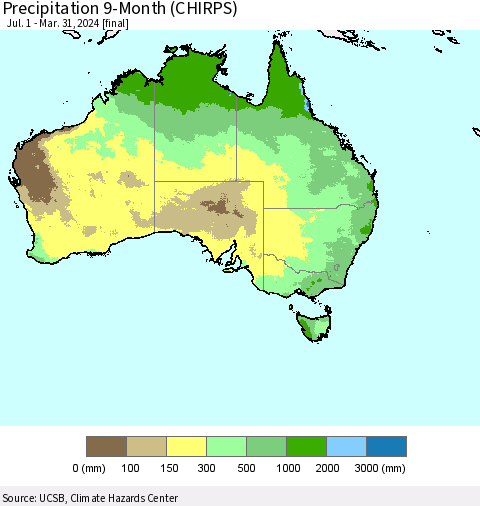 Australia Precipitation 9-Month (CHIRPS) Thematic Map For 7/1/2023 - 3/31/2024