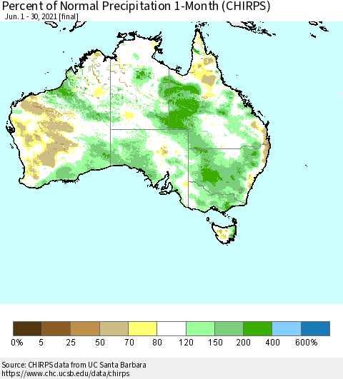 Australia Percent of Normal Precipitation 1-Month (CHIRPS) Thematic Map For 6/1/2021 - 6/30/2021