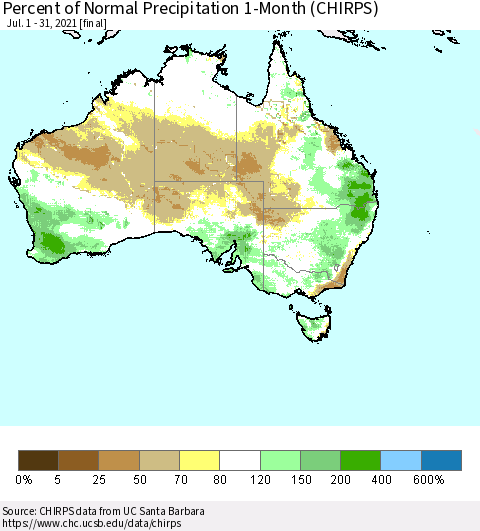Australia Percent of Normal Precipitation 1-Month (CHIRPS) Thematic Map For 7/1/2021 - 7/31/2021