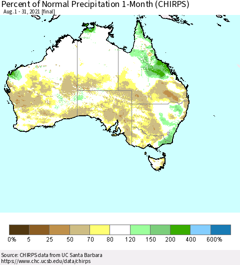 Australia Percent of Normal Precipitation 1-Month (CHIRPS) Thematic Map For 8/1/2021 - 8/31/2021