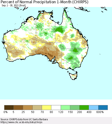 Australia Percent of Normal Precipitation 1-Month (CHIRPS) Thematic Map For 9/1/2021 - 9/30/2021