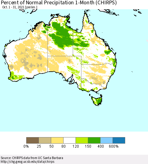 Australia Percent of Normal Precipitation 1-Month (CHIRPS) Thematic Map For 10/1/2021 - 10/31/2021