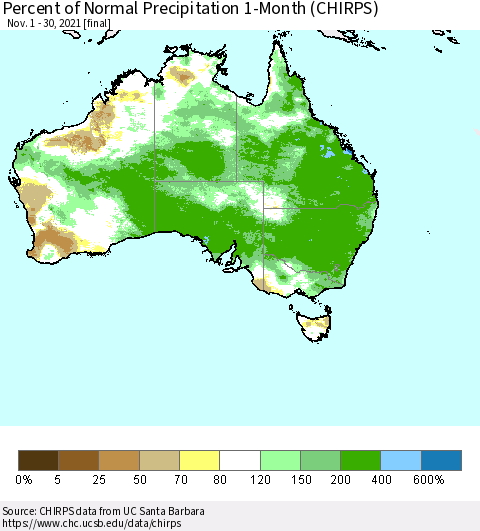 Australia Percent of Normal Precipitation 1-Month (CHIRPS) Thematic Map For 11/1/2021 - 11/30/2021