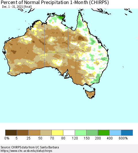 Australia Percent of Normal Precipitation 1-Month (CHIRPS) Thematic Map For 12/1/2021 - 12/31/2021